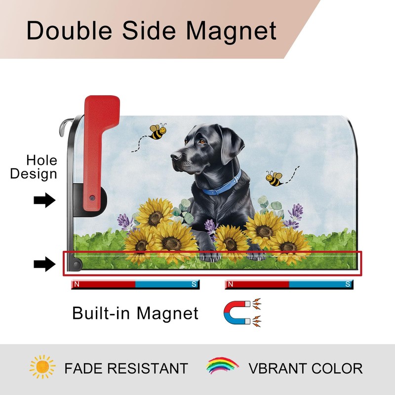 YINENA Sunflower Black Labrador Dog Mailbox Cover Magnetic Standard Size