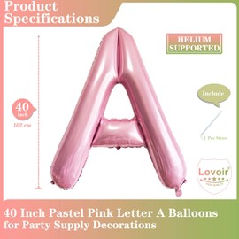 Pink Letter A Balloons, 40 Inch Pastel Pink Letter Balloons A Foil Mylar Helium Pink Letter Balloons for Birthday Party Supplies Anniversary Event Celebration Decorations Alphabet Pink A