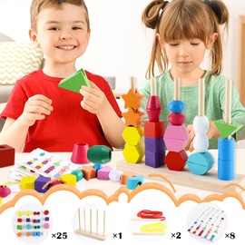 MOUDS Montessori Beads Sequencing Toy Set, Wooden Stacking Blocks & Lacing Beads & Matching Shape Stacker STEM Preschool Learning Montessori Toys Gifts for 2 3 4 5 Year Old