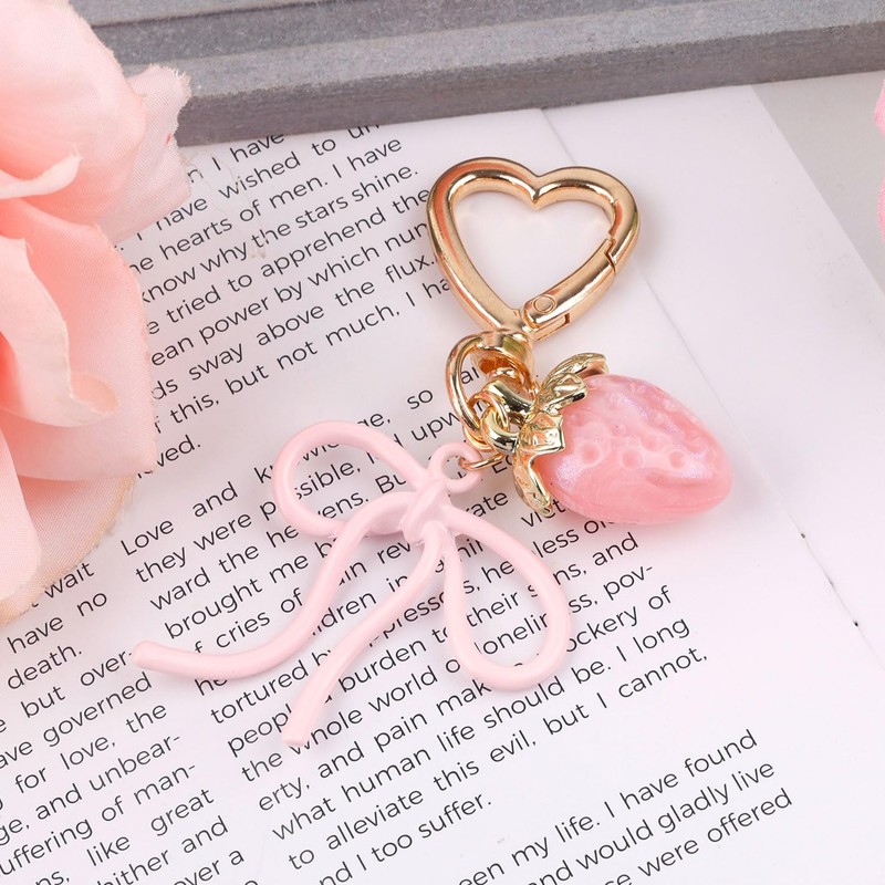 Mikovivi Cute Strawberry Keychain with Bow, Kawaii Bow Heart Key