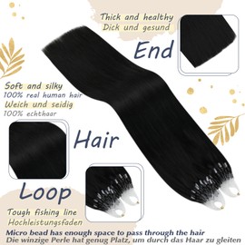 Ugeat Real Human Hair Extensions, Bonded Micro Ring Extensions, Colour 1 Black, 45 cm, 50 g, 50 Strands