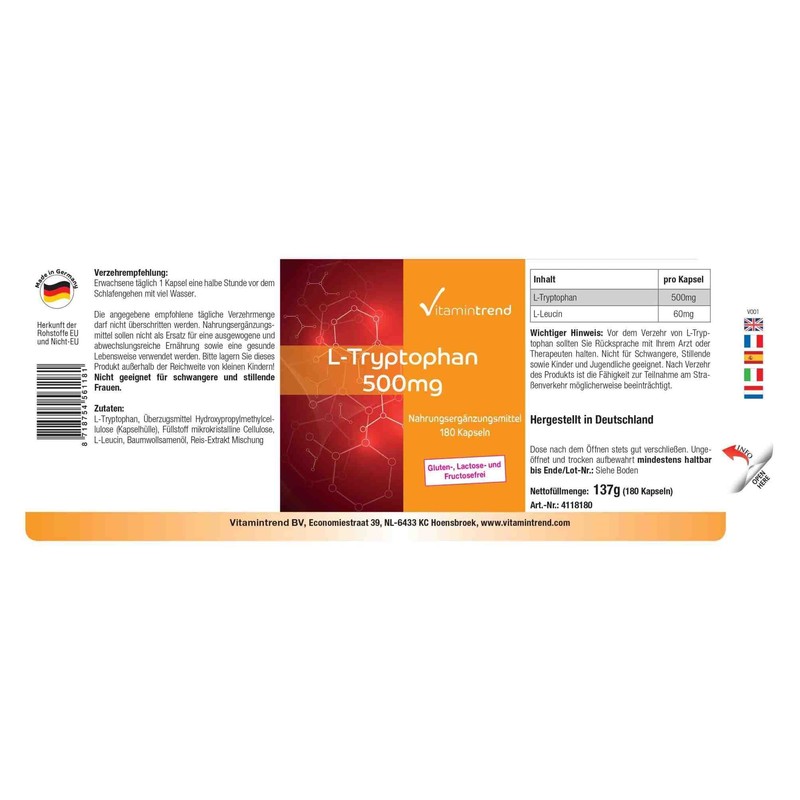 L-Tryptophan 500 mg - 180 Capsules - Vegan - Bulk