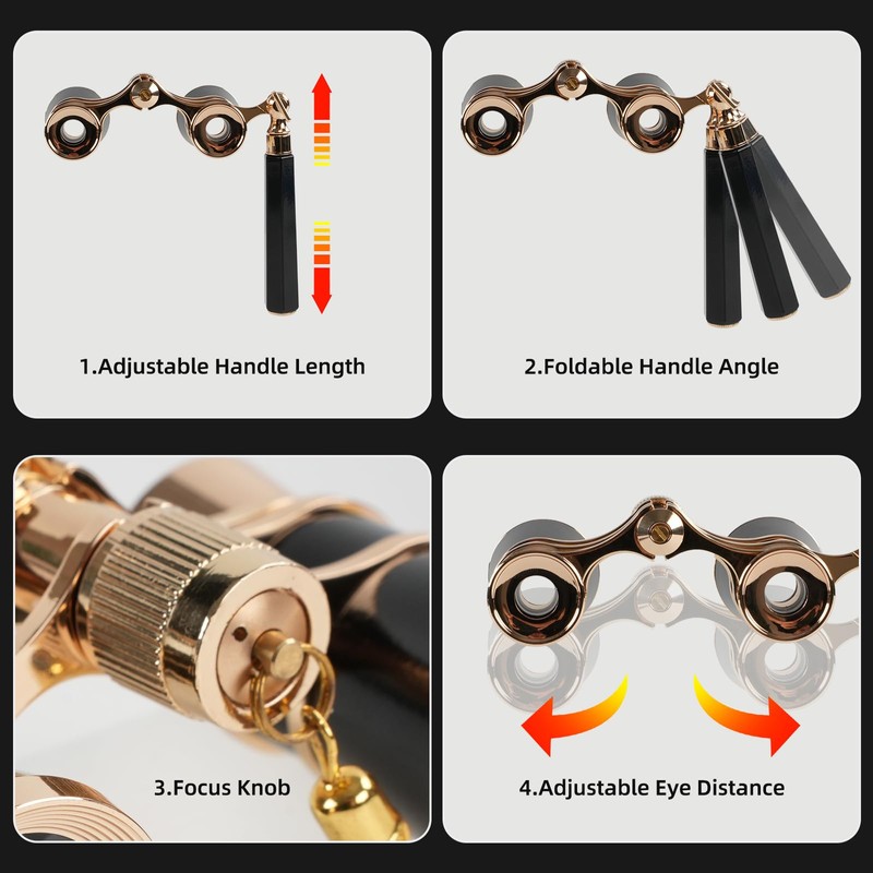 Luxury 3X25 Opera Glasses Binoculars with Adjustable Handle,Chain&Real Magnifying Glass,Optical