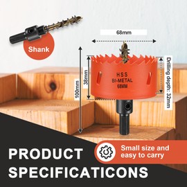 68mm Hole Saw Drill Bit for Wood and Metal, Bi-Metal Circular Hole Cutter with cutting Depth of 35mm for Steel, Cast Iron, Aluminium, Plywood, Acrylic, PVC/UPVC