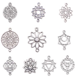 SUNNYCLUE Lotus Flower of Life Antique Silver Pendant Chakra Jewelry Accessories for DIY Earrings Bracelet No Cadmium & Nickel & Lead Free, Silver, Rhinestone