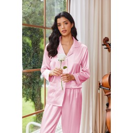 Ekouaer Womens Pajama Sets Satin Silk Pjs Classic Button Down Sleepwear Soft Long Sleeve Lounge Sets Pink M