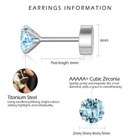 VYYU Silver Earrings for Women Girls, 4 Pairs of 2/3/4/5mm Titanium Earrings with Screwback Back, Hypoallergenic Cartilage Helix Ear Studs Jewellery Christmas Birthday Gifts, Sea Blue