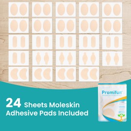 Promifun Moleskin Strips with Adhesive Blister Prevention Pads Mole Skin Tape Stickers for Feet Heel Shoes Padding,24 Sheets of 4 Shapes (48 Pieces Total)