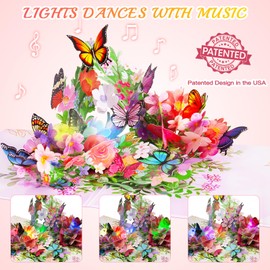 FITMITE Pop up Birthday Card with Lights Music, 3D Butterfly Flowers Get Well Soon Thank You Mother's Day Anniversary Card Teacher Appreciation Gifts for Women Men