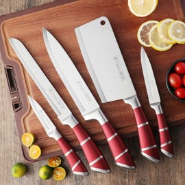 Kitchen Knife Set, 9-Piece Red Kitchen Knife Set with Acrylic Block, Non Stick Sharp High Carbon Stainless Steel Knife Set for Kitchen Cutting Meat Slicing Chopping Kitchen Women Gifts
