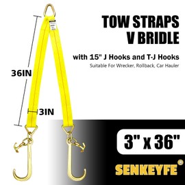 SENKEYFE Tow Straps V Bridle, 3" x 36" Recovery V-Strap with 15" J Hooks and T-J Hooks, 5400LBS J Hook and Mini Datsun Recovery Bridle, Towing Strap with Hook for Wrecker, Rollback, Car Hauler