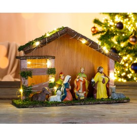 Spetebo Christmas Nativity Scene with 20 LEDs and 9 Figures - Wooden Table Decoration Illuminated Christmas Decoration Nativity Figures Hand-Painted