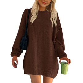 BTFBM 2025 Womens Sweaters Casual Crewneck Long Sleeve Oversized Sweater Dress Fall Winter Loose Slouchy Soft Pullover(Solid Coffee, Small)