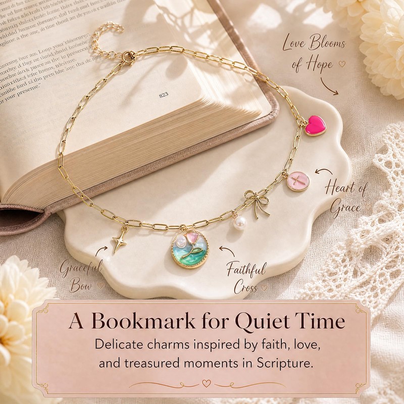 LuneClat Vintage Pearl Star Bow Bible Charm Chain Christian Bookmark