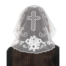 Bozidol Mantilla Christian Veil - Round Cross & Camellia Embroidered Church Veil for Women, Catholic Mass Lace Head Covering, White