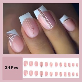 White French Tip Press on Nails Medium Square Pink Fake Nails with Sequins Designs Glossy Full cover Stick on Nails Artificial Acrylic False Nails Glue on Nails for Women Girls