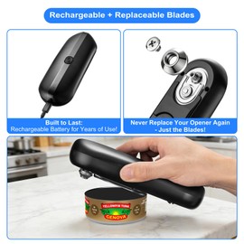 Electric Can Opener, Automatic Hands-Free Can Opener with Smooth Edge, One-Touch Operation USB Rechargeable, for Seniors, Arthritis Sufferers, Kitchen and Camping Use, Replaceable Blade (Black)