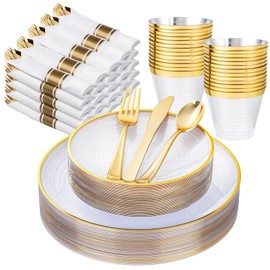 Morejoy 175PCS Clear Gold Plastic Plates - Disposable Gold Party Plates & Pre Rolled Napkins with Cutlery for 25 Guests, 50Plates, 75Silverware, 25Cups, 25Napkin for Party & Wedding
