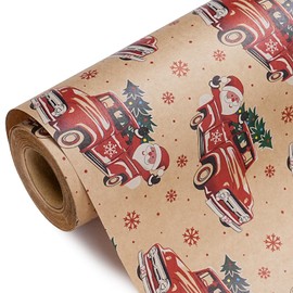 WRAPAHOLIC Kraft Cars Christmas Wrapping Paper - Mini Roll - 17 Inch x 16.5 Feet - Vintage Santa Claus and Car Wrapping Paper for Christmas, Holiday, Party Celebration