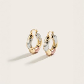 Women's Tri Color Twisted Hoop Earrings - Gold Silver and Rose Gold Tone Trendy Statement Earrings