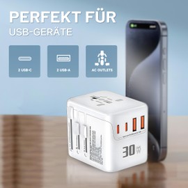 Reiseadapter Weltweit - Universal Reisestecker mit PD30W 2 USB, 2 Type C und UK/USA/EU/AUS-Stecker, All-in-One Travel Adapter Weltweit für England USA Japan Thailand Australien über 200 Länder