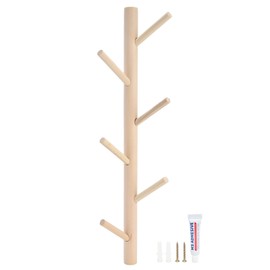 Punch Free Wall Mounted Coat Rack Towel Hanger Tree Branch Shaped Hat Rack for Living Room(Wood Color 6 Hooks )