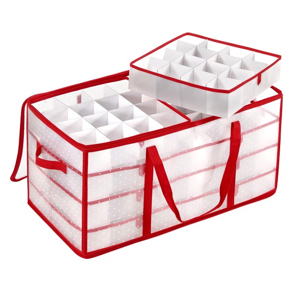 SONGMICS Large Christmas Ornament Storage Boxes, 3-Inch Balls, 8 Trays, 128 Slots, Plastic Christmas Storage Container with Lid, Dual Zippers, Side Handles, Cherry Red URFB029T01