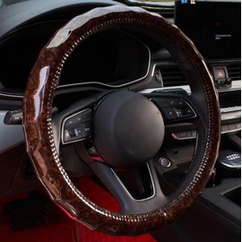 GZE Wood Grain Car Steering Wheel Covers 15 Inch Universal Anti-Slip Luxury Interior Decorations Durable Leather Steering Wheel Protector (Coffee)