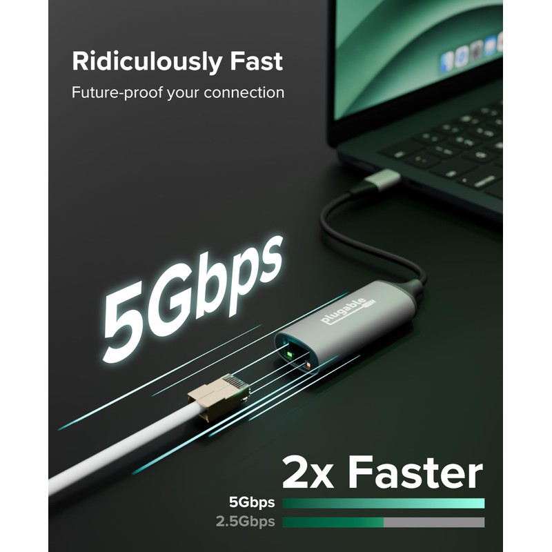 Plugable 5Gbps USB-C Ethernet Adapter | 5000Mbps Wired Network for