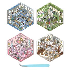 3D Sticker Therapy 3D House Stickers Isometric Room Sticker Book Miniature Scene Stickers Set 3D Cute Sticker Chinese Cartoon Fun DIY Stacking Scene Stickers for Adult Kids (Click to Select 4 pcs-2)