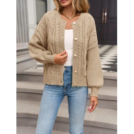 Yousify Womens Open Front Cardigan Sweaters Casual Cable Knit Long Sleeve Button Down Chunky Loose Fall Sweater Khaki