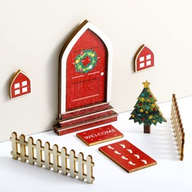 Civaner 9 Pieces Christmas Genius Fairy Door Decorations Kit Magic Red Door for Wall Wooden Enchanted Genius Miniature Xmas Tiny Miniature Decor Home Mini Tale Garden Craft Accessories