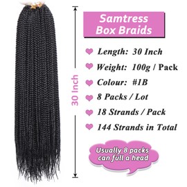 Samtress Crochet Hair 8 Packs Long Box Braids Synthetic 30 Inch Natural Black Goddess Box Braids for Women 144 Strands Pre-looped Boho 3X Braids Hair Extensions Crochet Braids (#1B)