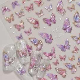 Butterfly Nail Art Stickers 3D Pink Shell Light Butterfly Nail Decals Self-Adhesive Spring Summer Shell Light Butterfly Accessories for Women Nail Art Supplies
