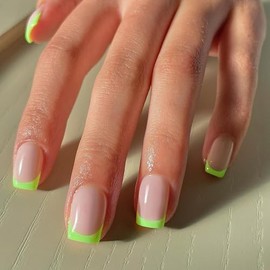SXVME 30 uñas postizas francesas de color verde neón, cortas, cuadradas, con pegamento acrílico, para mujer, 15 tamaños.