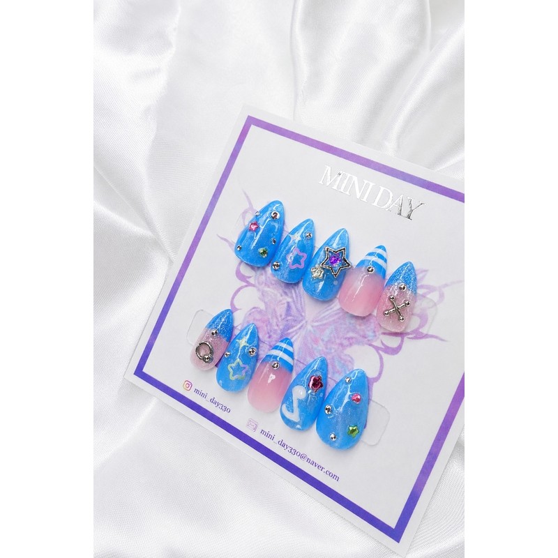 Blue Star Handmade Nail Tips - Short Almond / 블루