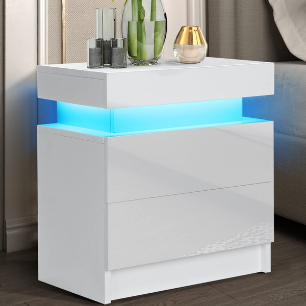 HOMMPA LED Nightstand Modern White Nightstand with Led Lights Wood Matte Led Bed Side Table Night Stand with 2 High Gloss Drawers for Bedroom 20.5” Tall