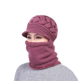Womens Winter Stretchy Soft Beanie Ear Protection Knit Hats Skull Cap Warm Scarf Mask hat Fleece Lined one-Piece hat (H-Pink)