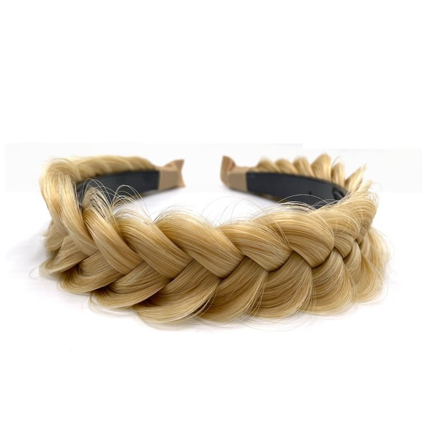 Hairband Braided Hairpiece Messy Wide 2 Strands Fluffy Braids Wig with Tooth Women Headband Hair Bands (Light Yellow)