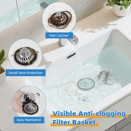 Universal Bathroom Sink Drain Strainer, 2PACK Sink Hair Catcher with Visible Top Stainless Basket, Brass Metal 3 in 1 Pop-up Sink Stopper Fit for Standard 1.1''~2.36'' Basin Hole, Chrome
