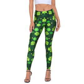 HDE Trendy Design Workout Leggings - Fun Fashion Graphic Printed Cute Patterns Green 4 Leaf Clovers - XXL