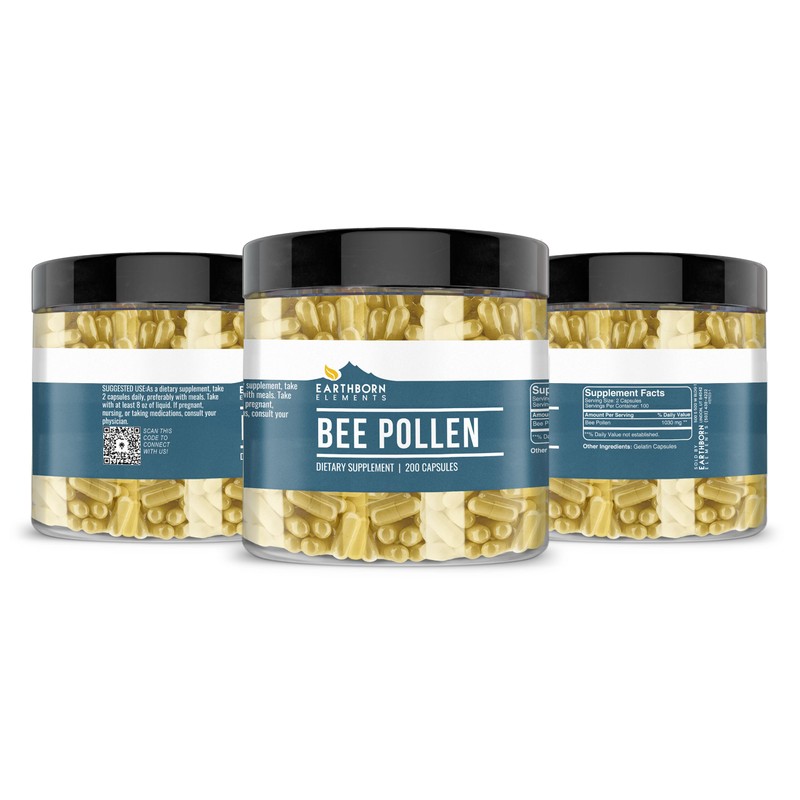 Earthborn Elements Bee Pollen 200 Capsules, Pure & Undiluted, No
