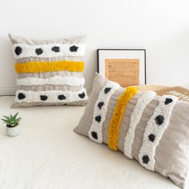 VANNCIO Boho Tufted Lumbar Throw Pillow Cover with Handwoven Stripes, Linen Cotton Simple Decorative Cushion Case for Couch Sofa, 1 PC (Beige Yellow, 12x20 inch)