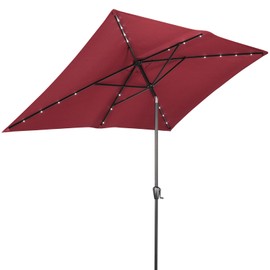 Sun-Ray Rectangular Patio Umbrella 6.6ft by 10ft with 22 Solar Powered LED Lights, Push-Button Tilt and Hand Crank Lift, Solar Umbrella with Solution Dyed Burgundy Fabric for Porch, Deck, and Patio
