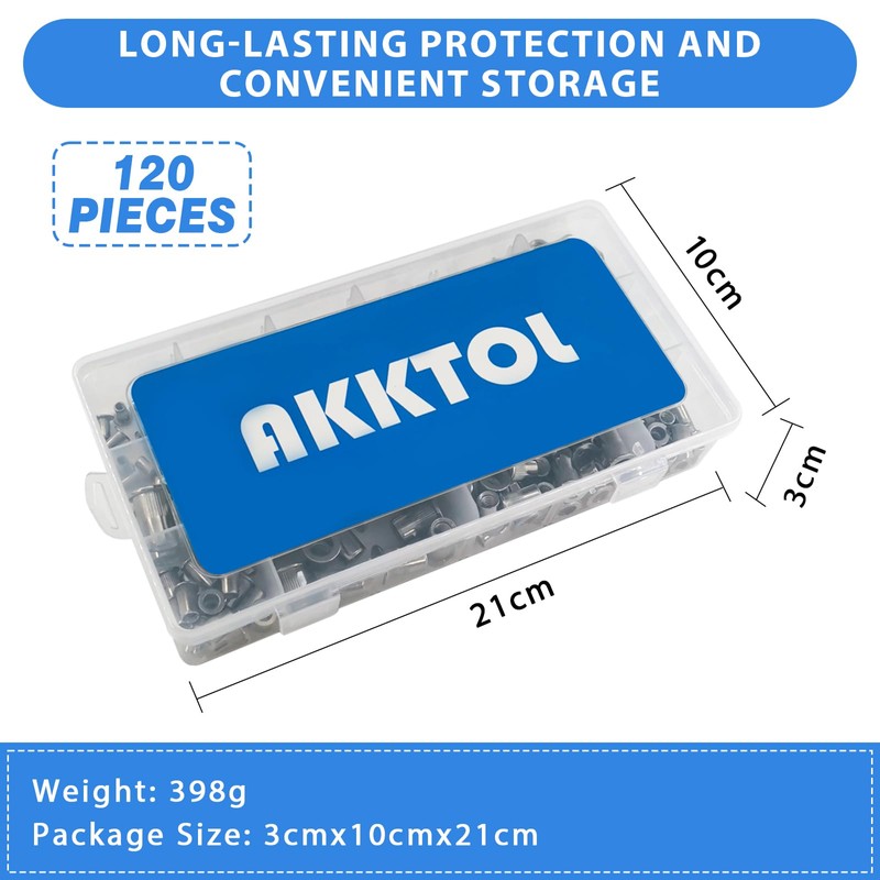 AKKTOL Rivet Nut Set, 120 Piece Threaded Sleeve Set, Universal