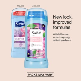 Suave Antiperspirant Deodorant for Women, Sweet Pea & Violet 3-Pack – Anti-Staining Invisible Solid Sticks, Talc-Free, 2.6 Oz Ea