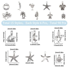 SUNNYCLUE 90PCS 15 STYLES Silver Ocean Charms Bulk Sea Life Charm Metal Alloy Summer Marine Hawaii Holiday Turtle Shell Animal Charms for Jewelry Making Charms Diy Earrings Bracelet Necklace Craft