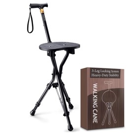 YOKABOZE Walking Cane with Seat Folding Lightweight, 3-Leg Locking System Supports 496 Lbs, One-Press Open Cane Chair for Camping, Hiking, Seniors,Easy Carry, Anti-Slip