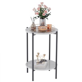 Wisfor Round End Side Table: 2 Tier Marble Nightstand Sintered Stone Toptable with Black Iron Frame for Living Room Bedroom