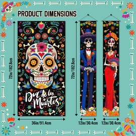 Day of the Dead Porch Banner Set - 3PCS Sugar Skull Dia de Muertos Door Decorations with Poles, Mexican Fiesta Altar Signs for Halloween Home Party, 70.9'' x 11.8''